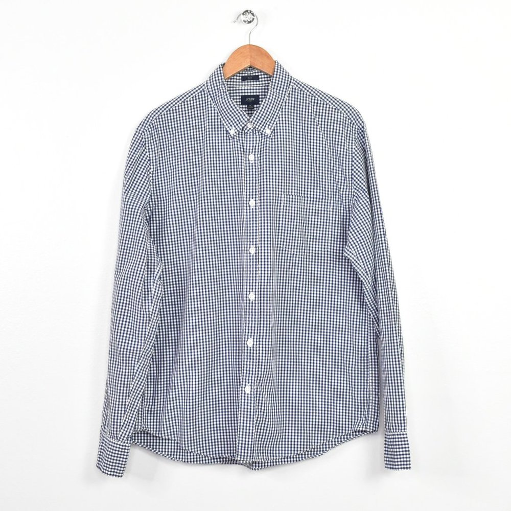 J. Crew. Factory Button Down Shirt Men XL Navy Check Slim Fit Long Sleeve Casual